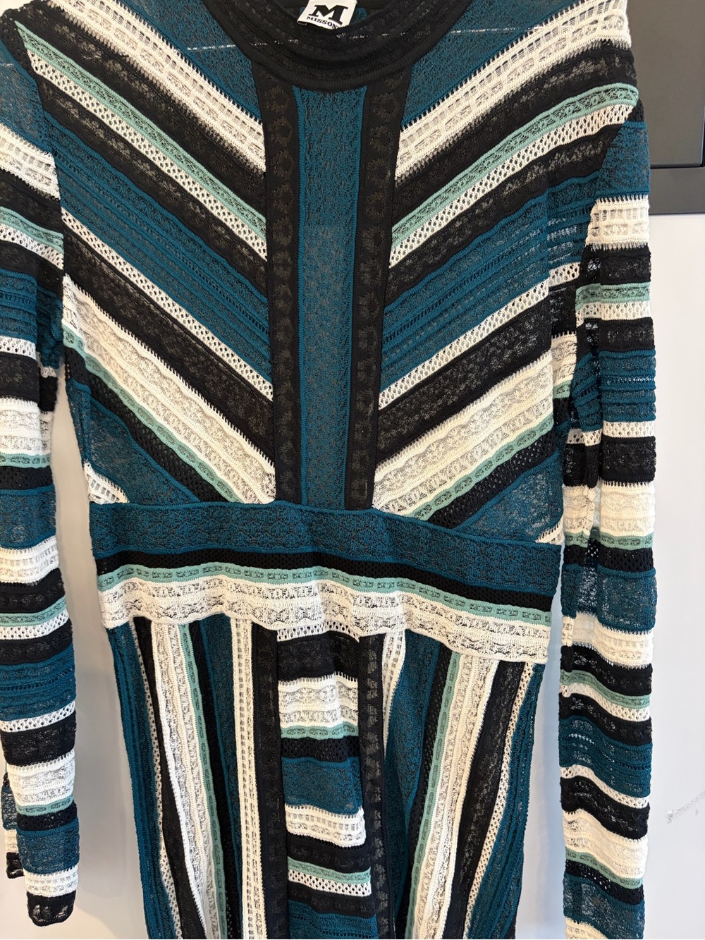 M by Missoni Teal, Black & White Striped Long-Sleeve Knit Dress - Picture 5 of 6